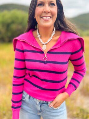 SSYS Alex Stripe Zip Collar Navy Pink Sweater Nautical Coastal Preppy Size L